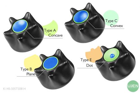 形状の異なる4つのタイプ(凹面、平面、凸面、ドット)と形状付きノブ