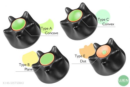 形状の異なる4つのタイプ（凹面、平面、凸面、ドット）と形状付きノブ