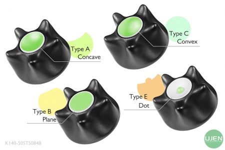 形状の異なる4つのタイプ（凹面、平面、凸面、ドット）と形状付きノブ