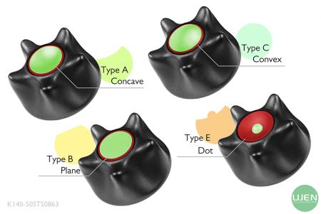 形状の異なる4つのタイプ(凹面、平面、凸面、ドット)と形状付きノブ