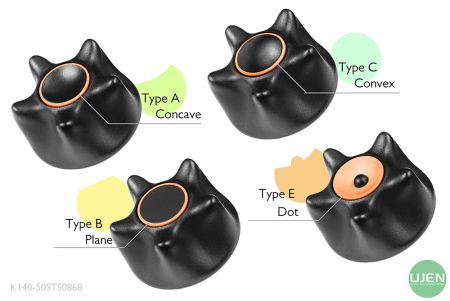 形状の異なる4つのタイプ（凹面、平面、凸面、ドット）と形状付きノブ