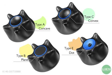 形状の異なる4つのタイプ(凹面、平面、凸面、ドット)を持つ形状付きノブ