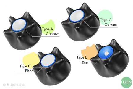 形状の異なる4つのタイプ(凹型、平面、凸型、ドット)を持つ形状付きノブ