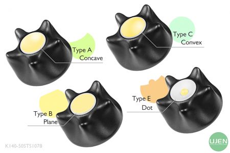 形状の異なる4つのタイプ（凹面、平面、凸面、ドット）を持つ形状付きノブ