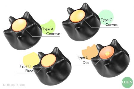 形状の異なる4つのタイプ(凹面、平面、凸面、ドット)を持つ形状付きノブ