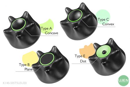 形状の異なる4つの形(凹面、平面、凸面、点)を持つノブ