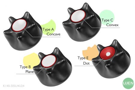 Quatre formes différentes (concave, plane, convexe et point) avec des boutons en forme.