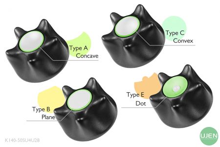 Quatre formes différentes (concave, plane, convexe et point) avec des boutons en forme.
