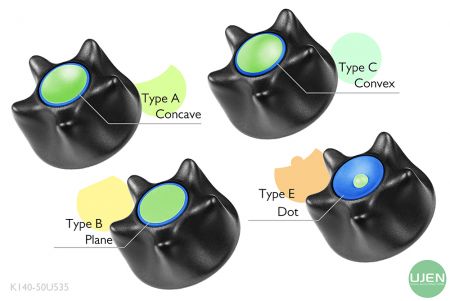 形状の異なる4つのタイプ(凹型、平面、凸型、ドット)と成形されたノブ