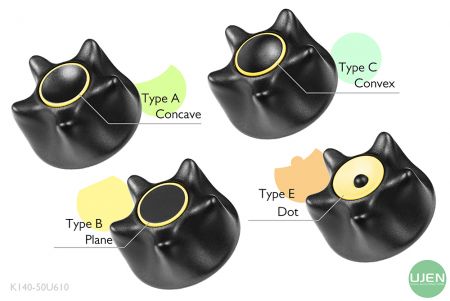 形状の異なる4つのタイプ（凹型、平面、凸型、ドット）と成形されたノブ