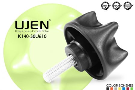 スター ハンドノブねじ、3/8 x 10mm、面取り端、D50 - スターノブ 3/8x10mm 面取りねじ 直径50