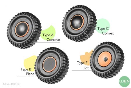 形状の異なる4つのタイプ（凹面、平面、凸面、ドット）と形状付きノブ