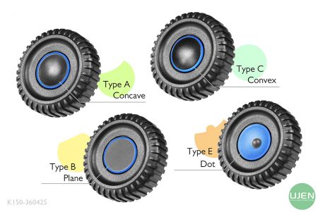 形状の異なる4つのタイプ(凹面、平面、凸面、ドット)と形状付きノブ
