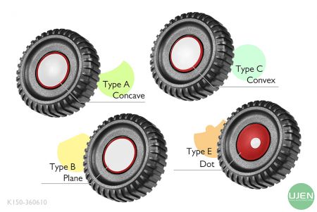 形状の異なる4つのタイプ(凹面、平面、凸面、ドット)を持つノブ