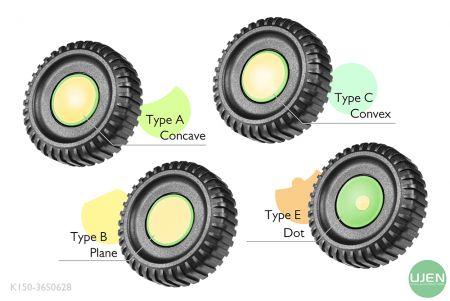 Quatre formes différentes (concave, plane, convexe et point) avec des boutons en forme.