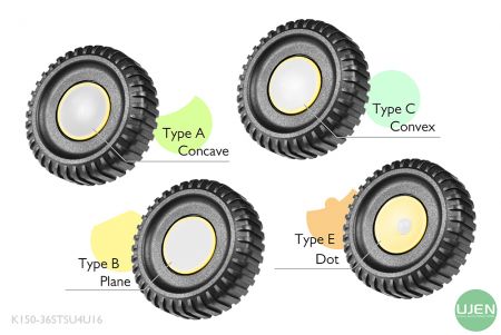 Four different shapes (concave, plane, convex and dot) with shaped knobs