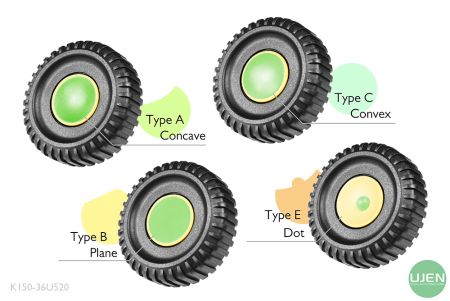 形状の異なる4つのタイプ（凹型、平面、凸型、ドット）を持つ成形ノブ