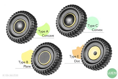 Cuatro formas diferentes (cóncava, plana, convexa y punto) con perillas con forma