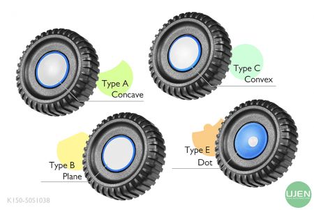 形状の異なる4つのタイプ（凹面、平面、凸面、ドット）と形状付きノブ