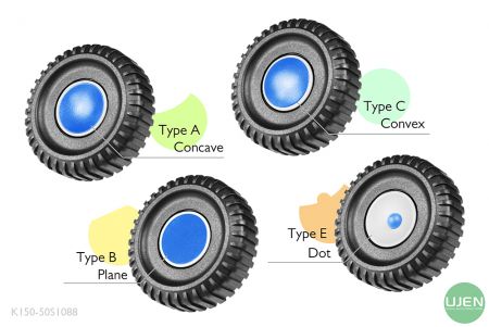 形状の異なる4つのタイプ(凹面、平面、凸面、ドット)と形状付きノブ