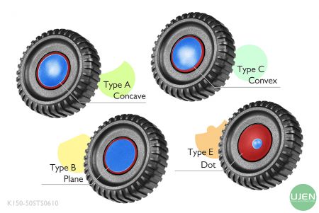 形状の異なる4つのタイプ(凹面、平面、凸面、ドット)と形状付きノブ