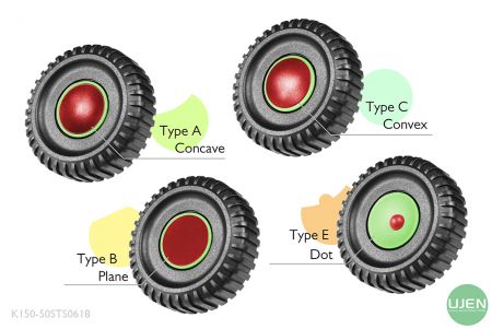 形状の異なる4つのタイプ（凹面、平面、凸面、ドット）と形状付きノブ