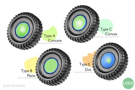 形状の異なる4つのタイプ（凹型、平面、凸型、ドット）を持つ形状付きノブ