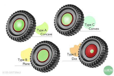 形状の異なる4つのタイプ（凹型、平面、凸型、ドット）を持つ形状付きノブ