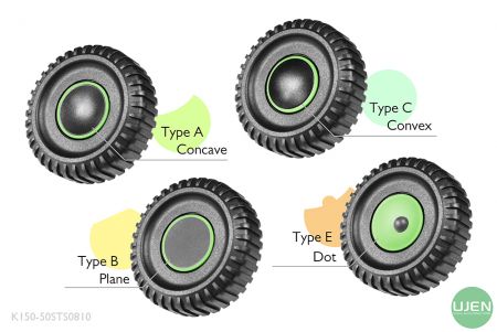 形状の異なる4つのタイプ（凹型、平面、凸型、ドット）を持つ形状付きノブ