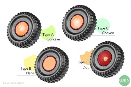 形状の異なる4つのタイプ（凹型、平面、凸型、ドット）を持つ形状付きノブ