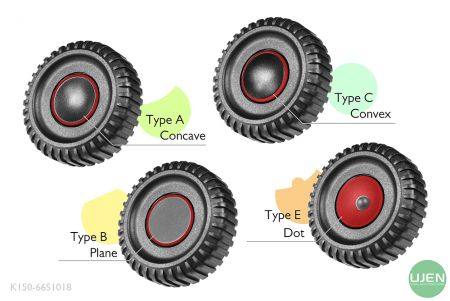 形状の異なる4つのタイプ（凹面、平面、凸面、ドット）を持つノブ