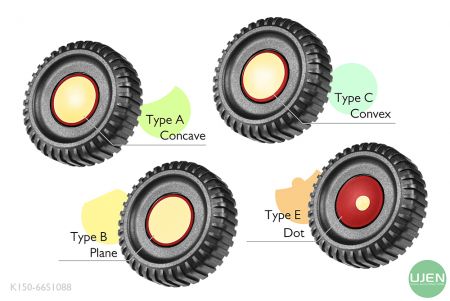 Quatre formes différentes (concave, plane, convexe et point) avec des boutons en forme.
