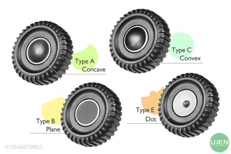Quatre formes différentes (concave, plane, convexe et point) avec des boutons en forme.