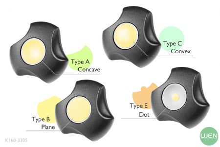أربعة أشكال مختلفة (مقعرة، مستوية، محدبة ونقطة) مع مقابض مصممة.