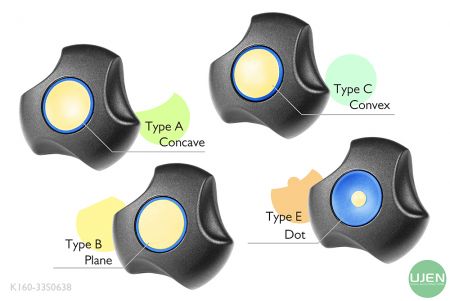Cuatro formas diferentes (cóncava, plana, convexa y punto) con perillas con forma