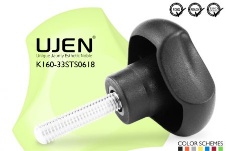 Trójkątny pokrętło plastikowe ze stalowym śrubą, M6 x 18mm, D33