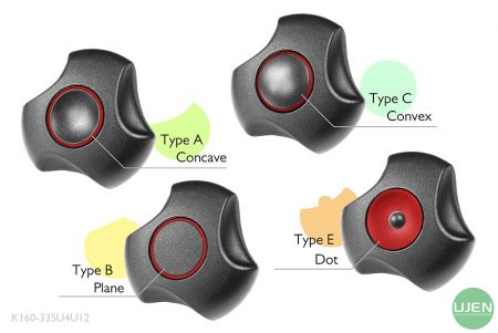 形状の異なる4つのタイプ（凹型、平面、凸型、ドット）を持つノブ