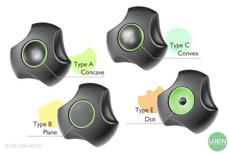形状の異なる4つのタイプ（凹型、平面、凸型、ドット）を持つノブ