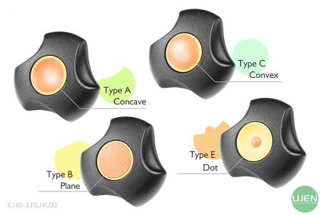 形状の異なる4つのタイプ（凹型、平面、凸型、ドット）と成形されたノブ