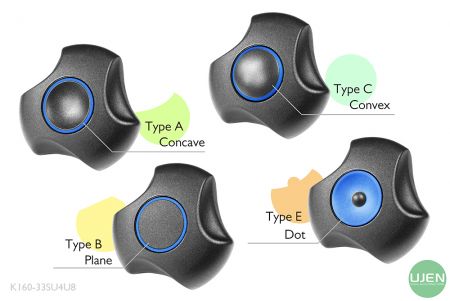 形状の異なる4つのタイプ（凹型、平面、凸型、ドット）を持つノブ