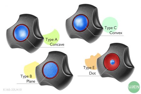 形状の異なる4つのタイプ（凹型、平面、凸型、ドット）と形状付きノブ