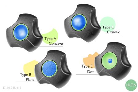 形状の異なる4つのタイプ（凹型、平面、凸型、ドット）と形状付きノブ