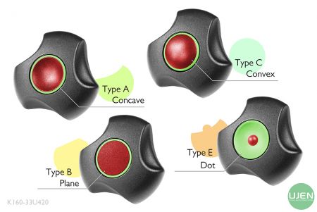 形状の異なる4つのタイプ（凹型、平面、凸型、ドット）と形状付きノブ