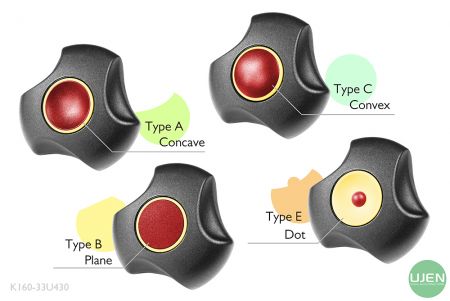形状の異なる4つのタイプ（凹型、平面、凸型、ドット）と形状付きノブ
