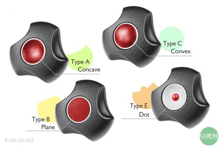 形状の異なる4つのタイプ（凹型、平面、凸型、ドット）を持つノブ