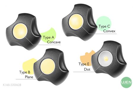 Four different shapes (concave, plane, convex and dot) with shaped knobs