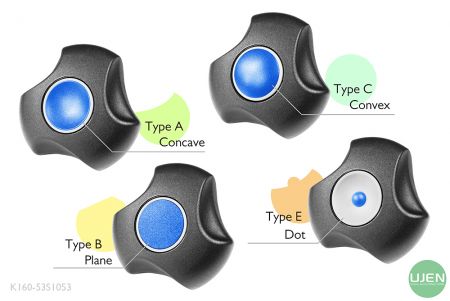 Vier verschiedene Formen (konkav, plan, konvex und Punkt) mit geformten Knöpfen