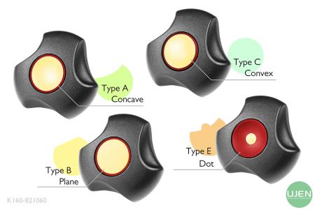 Empat bentuk berbeda (cembung, datar, cembung, dan titik) dengan kenop berbentuk.