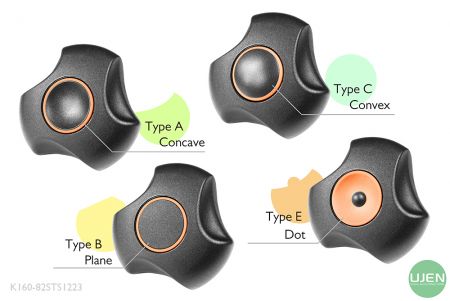 Cztery różne kształty (wklęsły, płaski, wypukły i kropka) z kształtowanymi pokrętłami