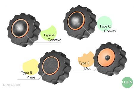形状の異なる4つのタイプ（凹型、平面、凸型、ドット）を持つ成形ノブ